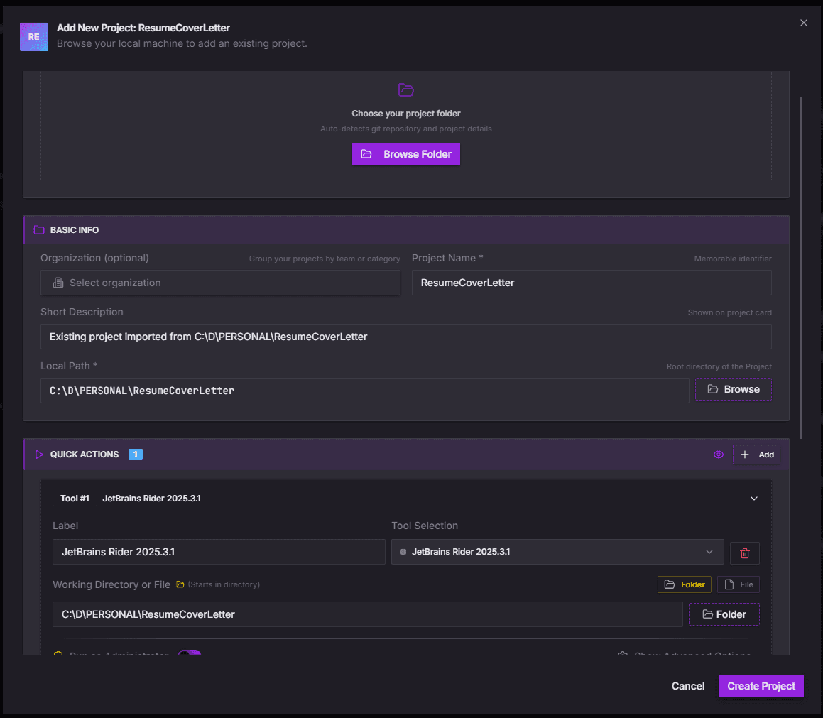 Add project wizard