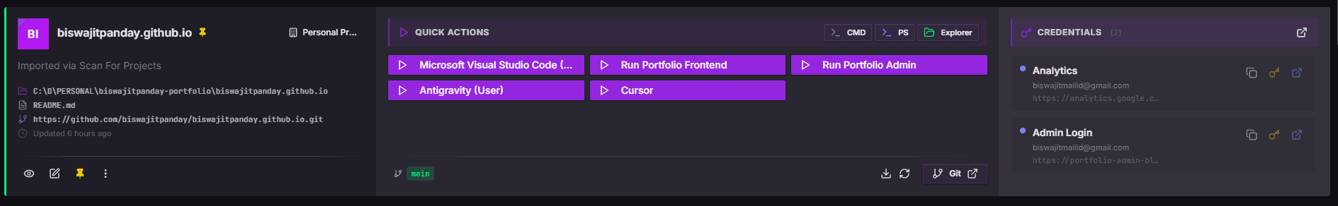 Project card with quick actions and credentials
