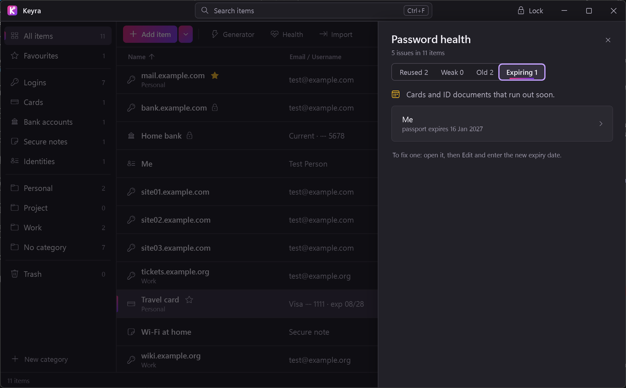Password health panel in dark theme: an expiring passport