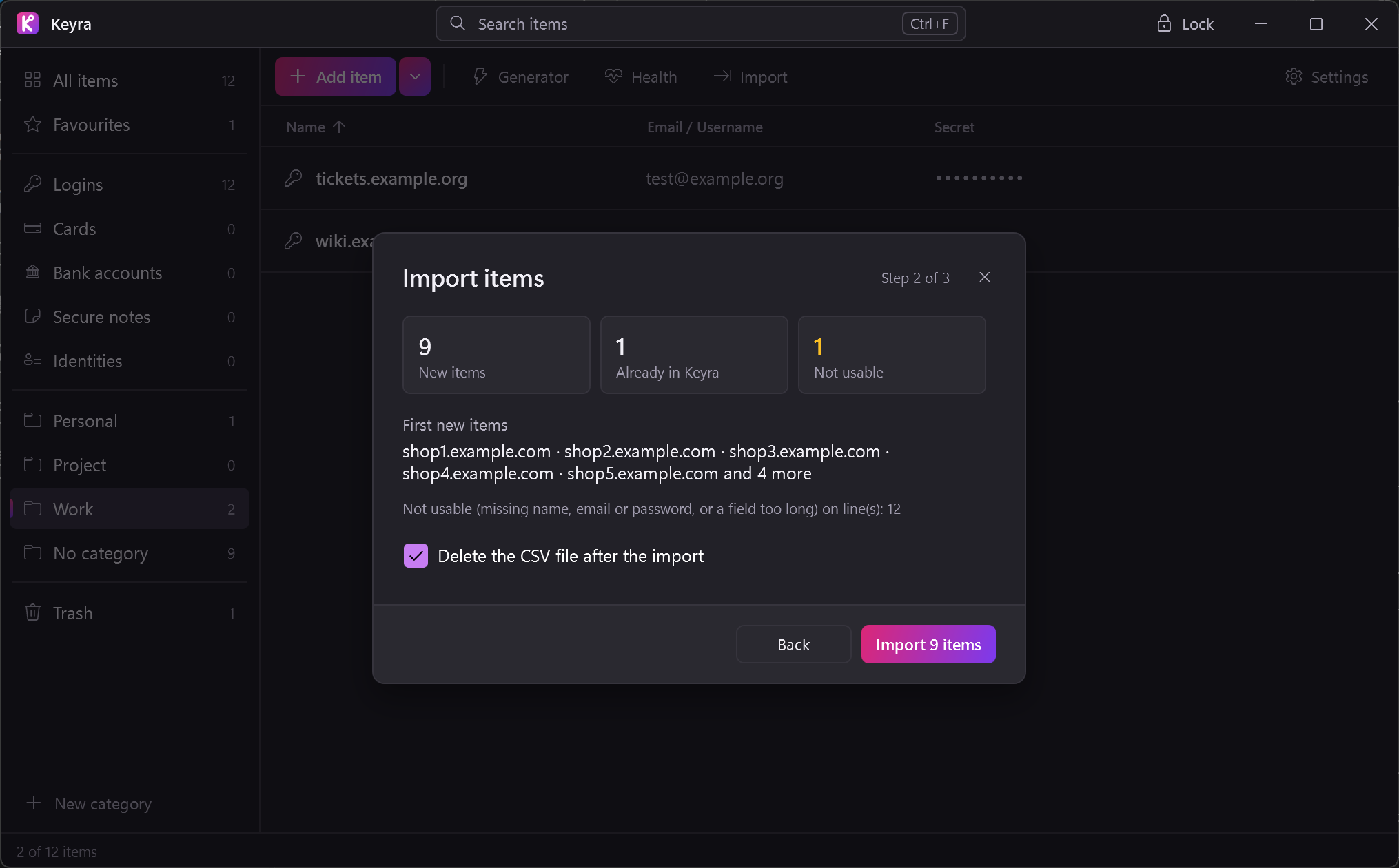 CSV import preview in dark theme: 9 new items, 1 already in Keyra, 1 not usable