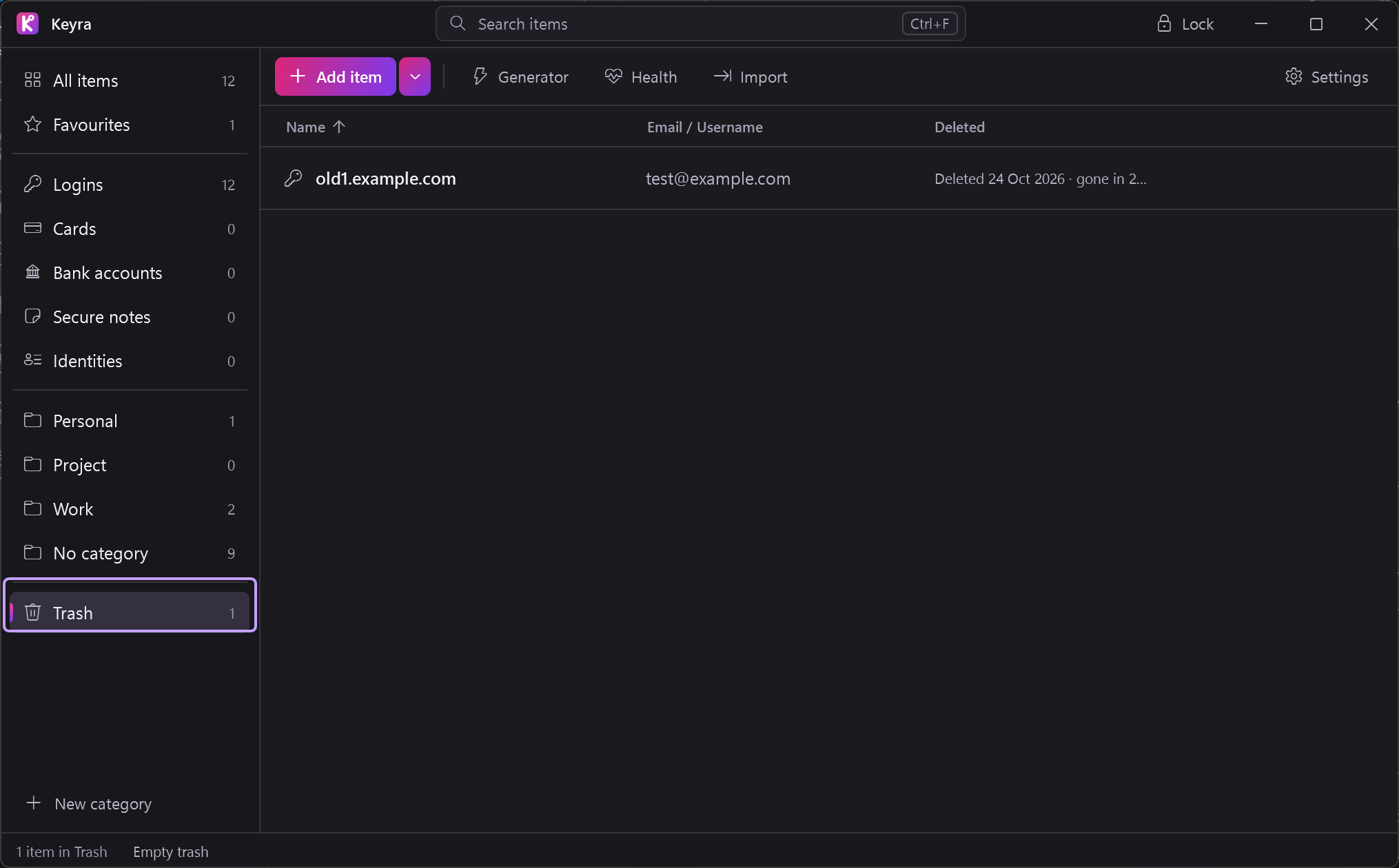Trash view in dark theme with one deleted item and its delete date